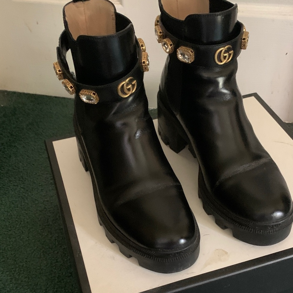 Gucci Black Leather Ankle Boots with Gold GG & Crystal Embellishments